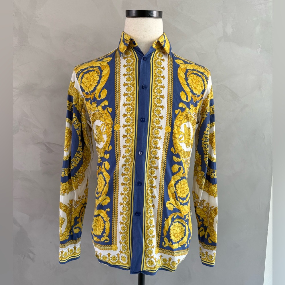 Versace Barocco Blue and Gold Cotton Shirt Size 39
